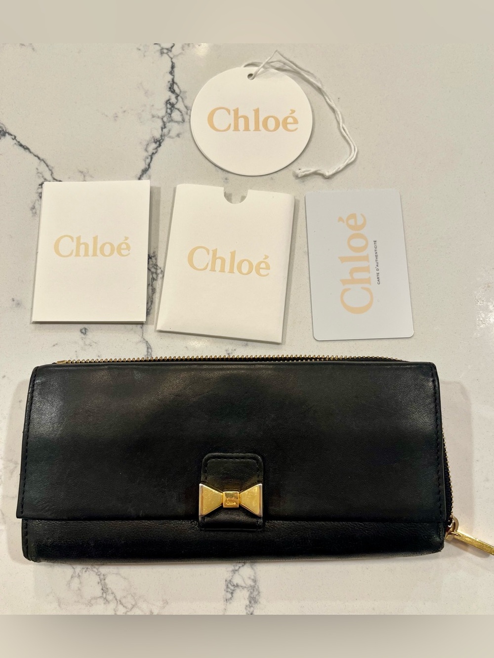 Chloe Black Lambskin Leather Bow Continental Wallet Gold Tone W Inclusions Tag
